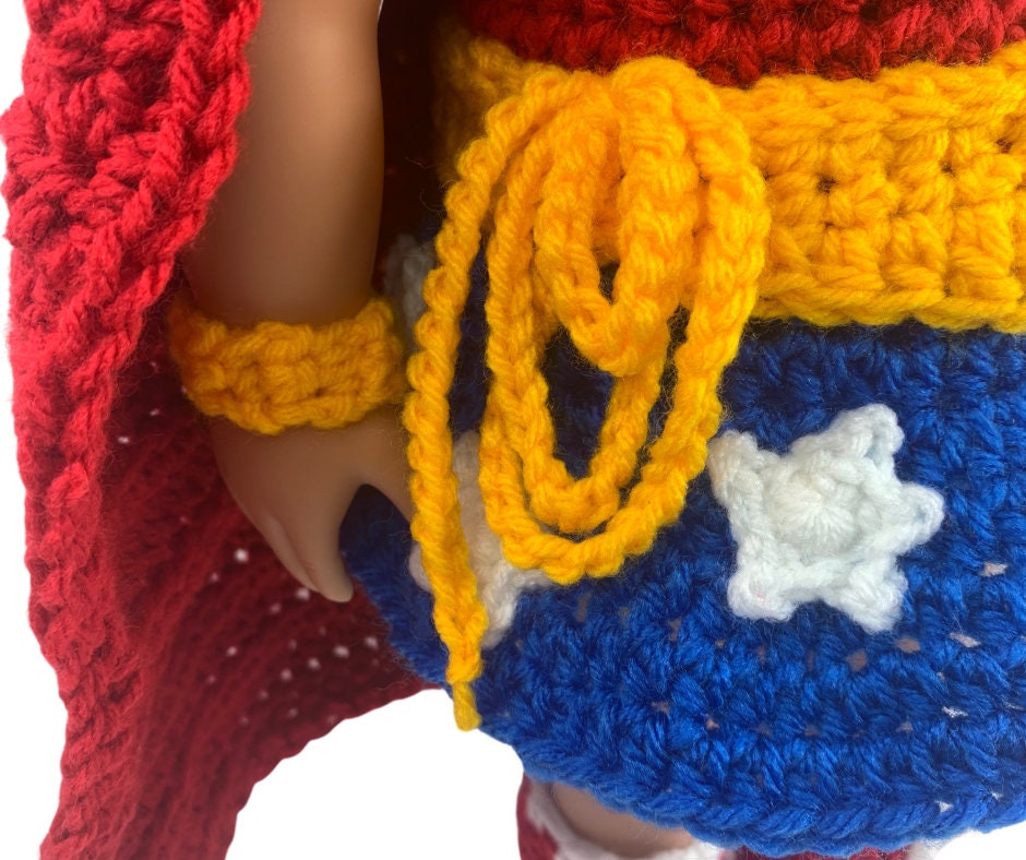18" Doll WW Superhero Crochet pattern, 18 inch Doll halloween crochet pattern, doll boots, doll cape clothes crochet pattern, doll clothes