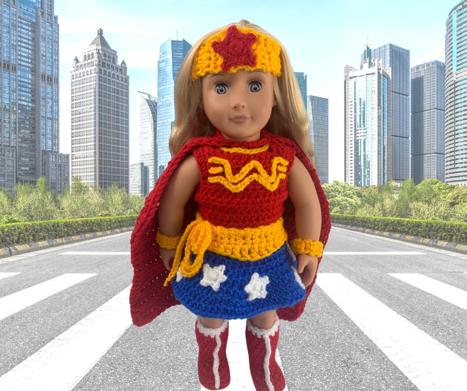 18" Doll WW Superhero Crochet pattern, 18 inch Doll halloween crochet pattern, doll boots, doll cape clothes crochet pattern, doll clothes