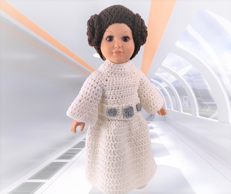18" Princess Leia crochet pattern, doll clothes crochet pattern, crochet doll boots pattern, doll princess pattern, doll galactic crochet