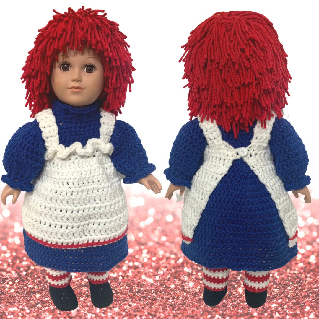 18" Doll Raggedy Ann Crochet Pattern, 18" crochet doll clothes pattern, crochet doll boots, crochet 18" doll costumes patterns