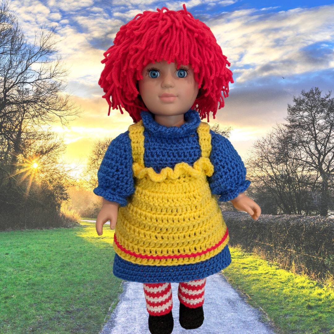 18" Doll Raggedy Ann Crochet Pattern, 18" crochet doll clothes pattern, crochet doll boots, crochet 18" doll costumes patterns