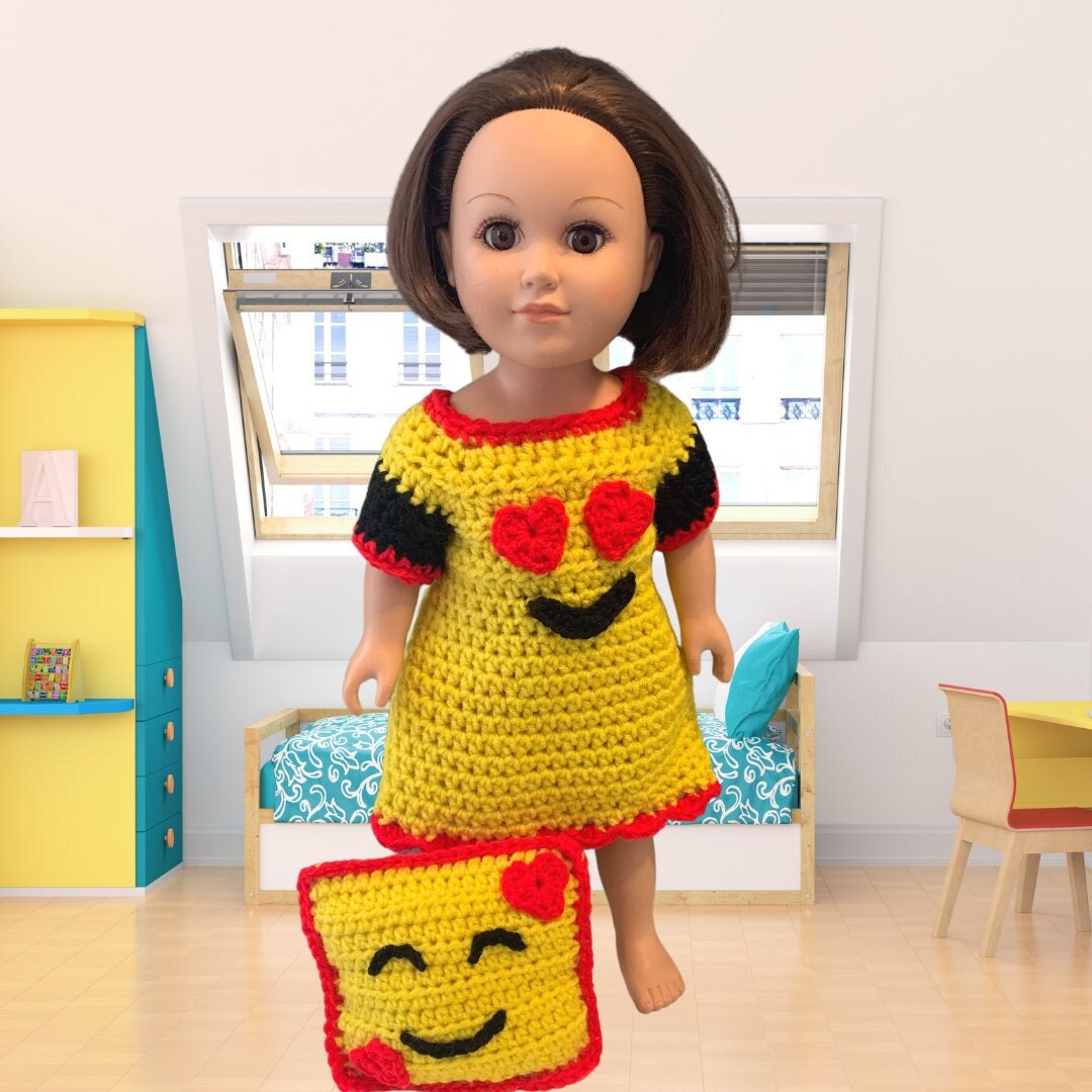 18" Doll Emoji Crochet Pattern, Pajamas crochet 18" doll clothes pattern, emoji crochet face pillow doll clothes pattern