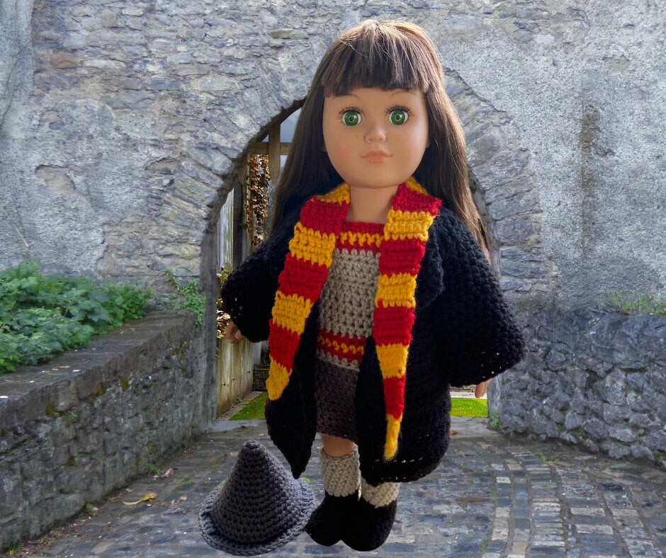 Harry Harmonie Crochet doll clothes pattern, 18 inch Doll halloween crochet pattern, doll boots, doll clothes, wizard crochet pattern