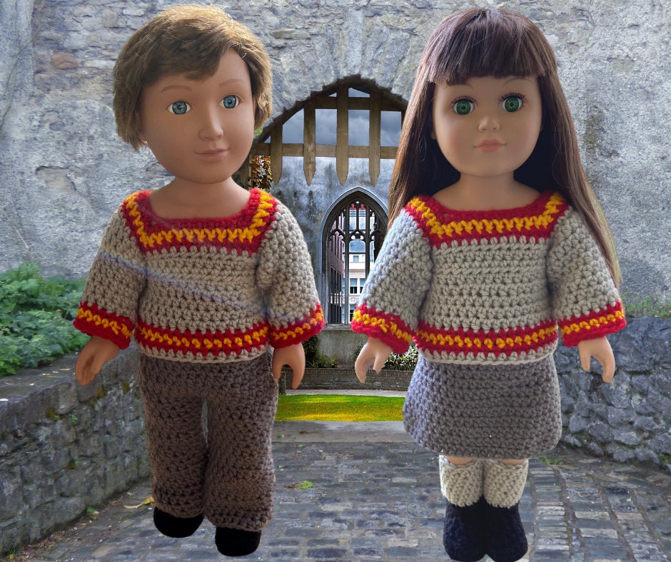 Harry Harmonie Crochet doll clothes pattern, 18 inch Doll halloween crochet pattern, doll boots, doll clothes, wizard crochet pattern