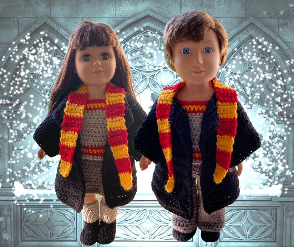 Harry Harmonie Crochet doll clothes pattern, 18 inch Doll halloween crochet pattern, doll boots, doll clothes, wizard crochet pattern