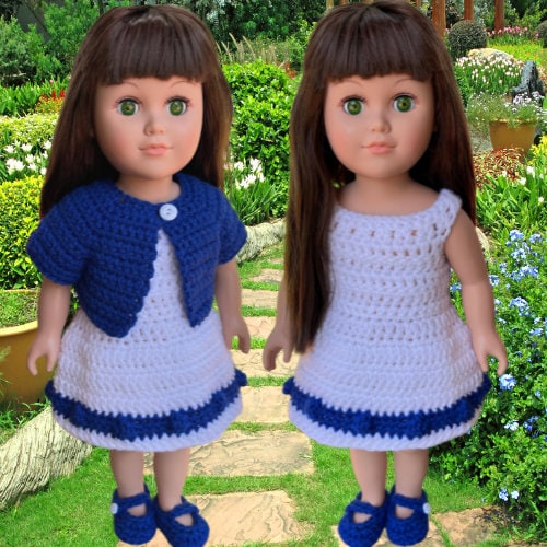 18" Doll Robbie Lynn Sring Dress, 18" doll Crochet PDF pattern, doll shoes pattern, crochet doll clothes pattern, crochet doll sweater,