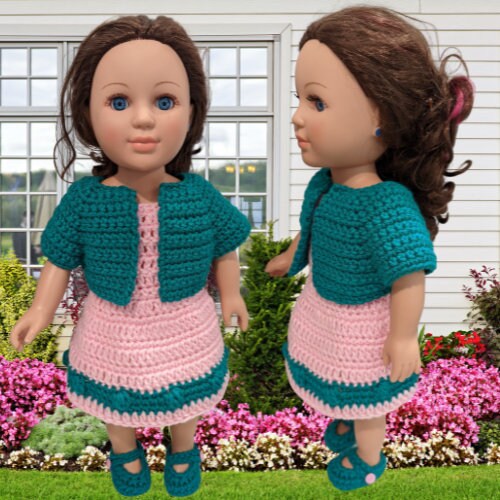 18" Doll Robbie Lynn Sring Dress, 18" doll Crochet PDF pattern, doll shoes pattern, crochet doll clothes pattern, crochet doll sweater,