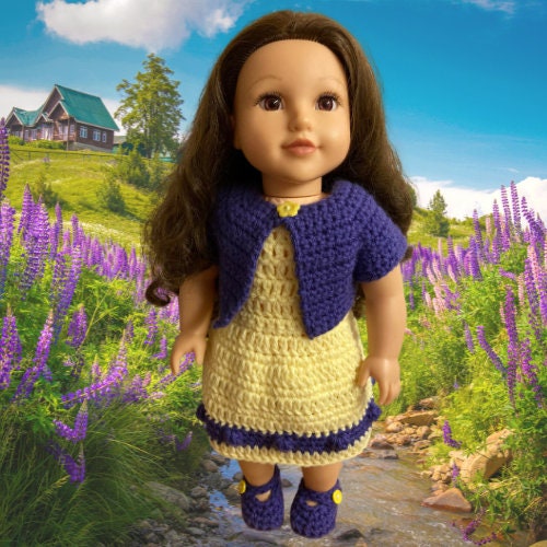 18" Doll Robbie Lynn Sring Dress, 18" doll Crochet PDF pattern, doll shoes pattern, crochet doll clothes pattern, crochet doll sweater,