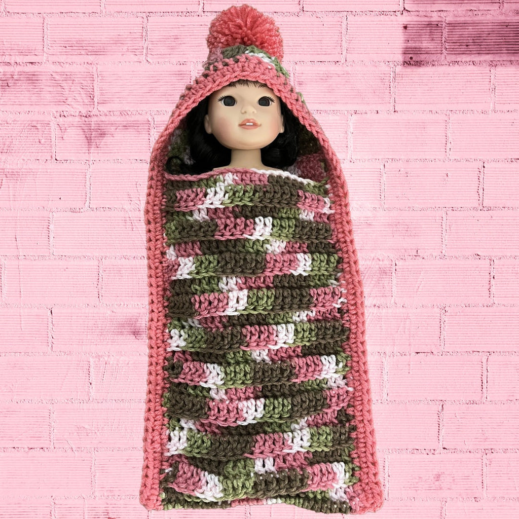 Crochet Camping Pattern, 18" doll, 14" Doll, clothes, crochet doll sleeping bags, crochet doll shawl, crochet doll headband, doll flashlight