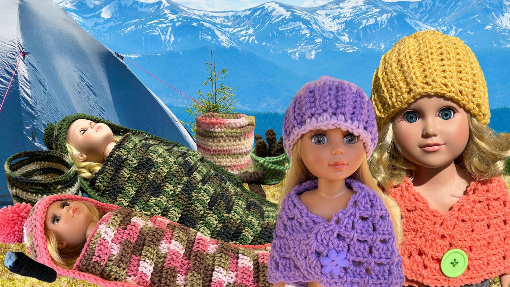 Crochet Camping Pattern, 18" doll, 14" Doll, clothes, crochet doll sleeping bags, crochet doll shawl, crochet doll headband, doll flashlight