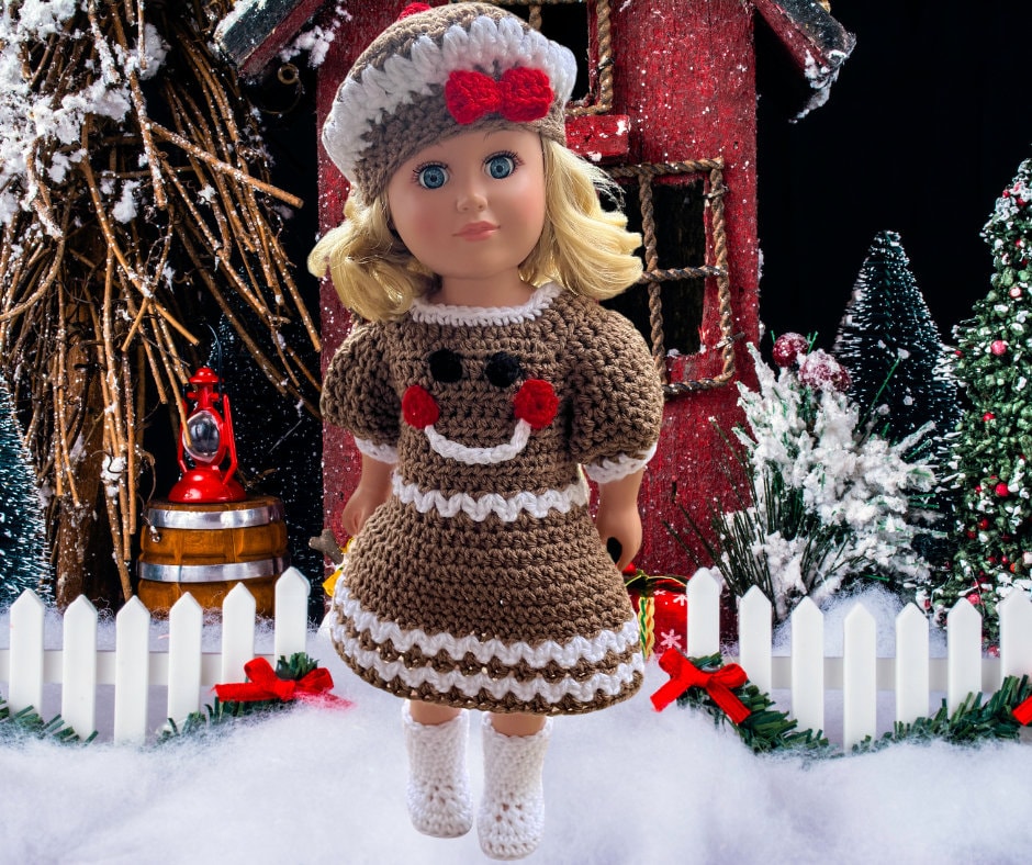 Gingerbread dress Crochet Christmas crochet 18" doll clothes pattern, doll hat, pdf crochet doll clothes pattern, beret hat, boots,dress