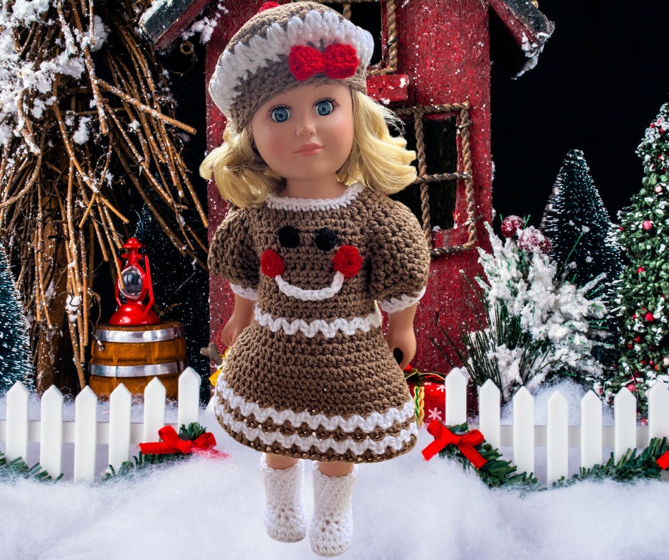 Gingerbread girl boy Crochet Christmas crochet 18" doll clothes pattern, doll hat, pdf crochet pattern, beret hat, boots,dress