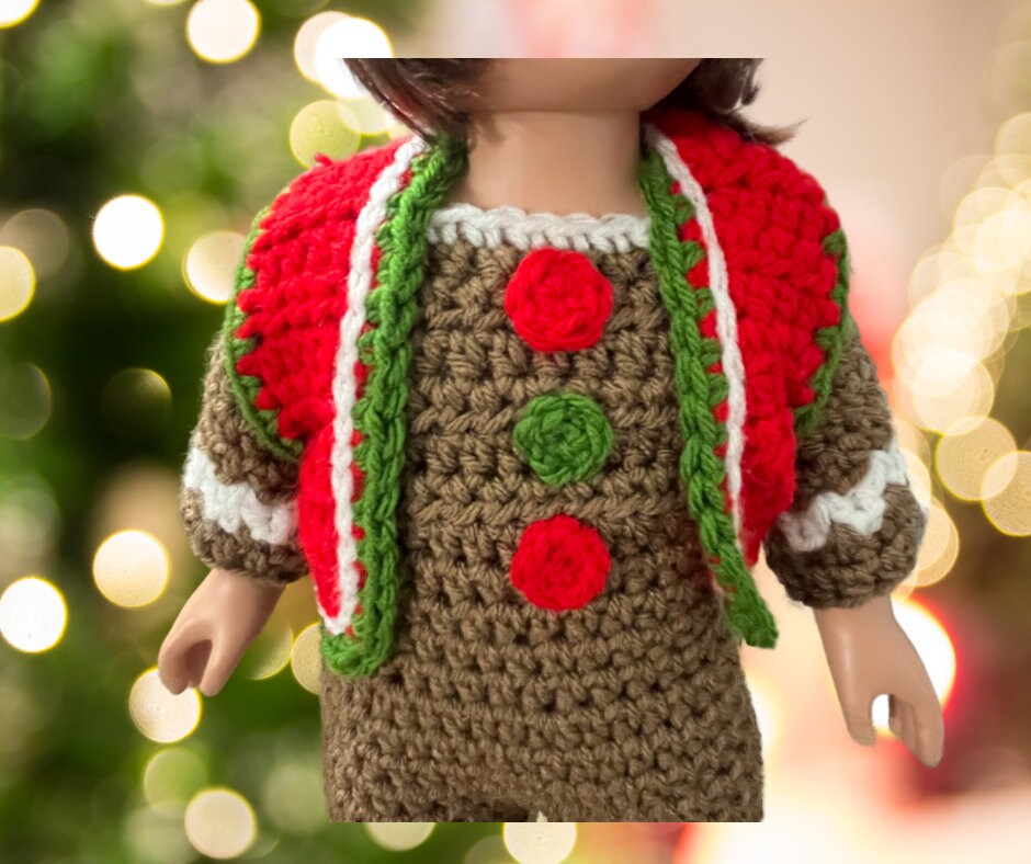 Gingerbread Crochet Christmas crochet 18" doll clothes pattern, doll hat, pdf crochet doll clothes pattern, shoes, vest