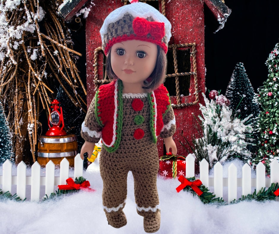 Gingerbread Crochet Christmas crochet 18" doll clothes pattern, doll hat, pdf crochet doll clothes pattern, shoes, vest