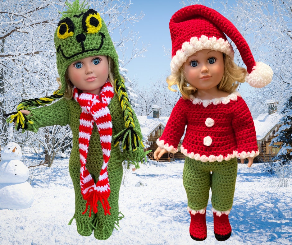 18" Doll Santa Grinch Chistmas Crochet Pattern, Christmas crochet 18" doll clothes pattern, pdf crochet doll clothes pattern, grinch hat