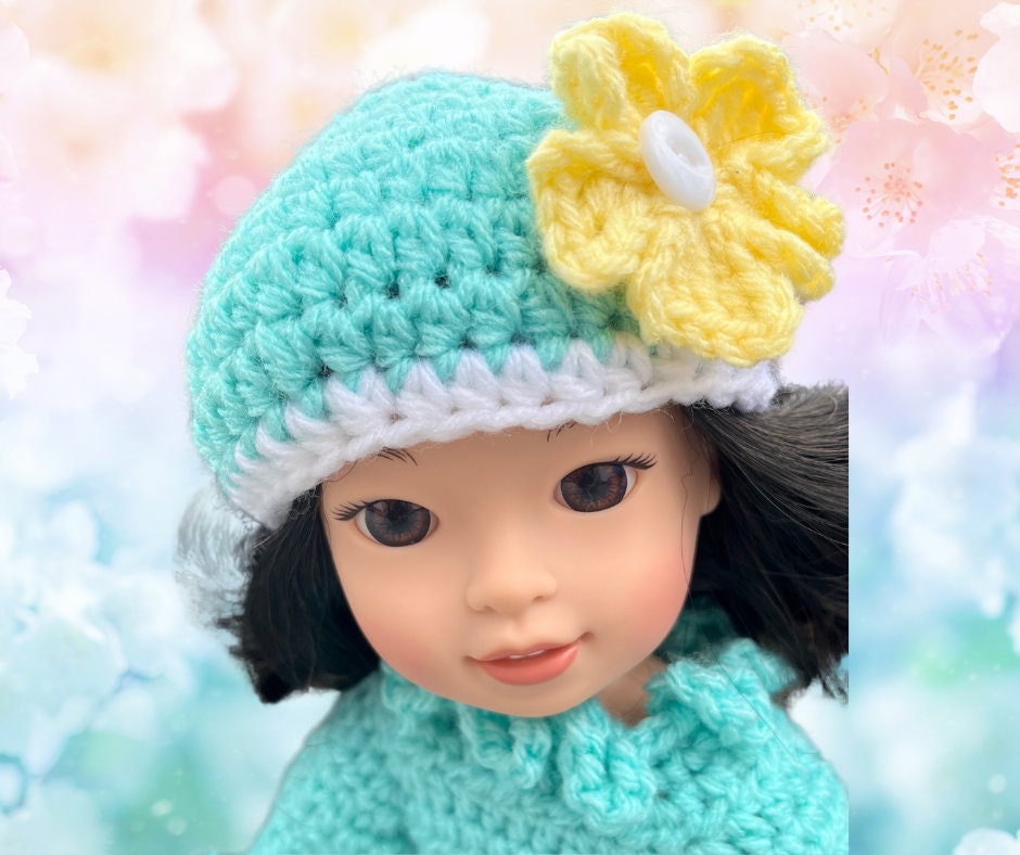 18" Easter Crochet Boy Girl Outfit, 14.5" doll clothes pattern, crochet doll shoes, shirt, purse, shirt, dress, Drivers cap