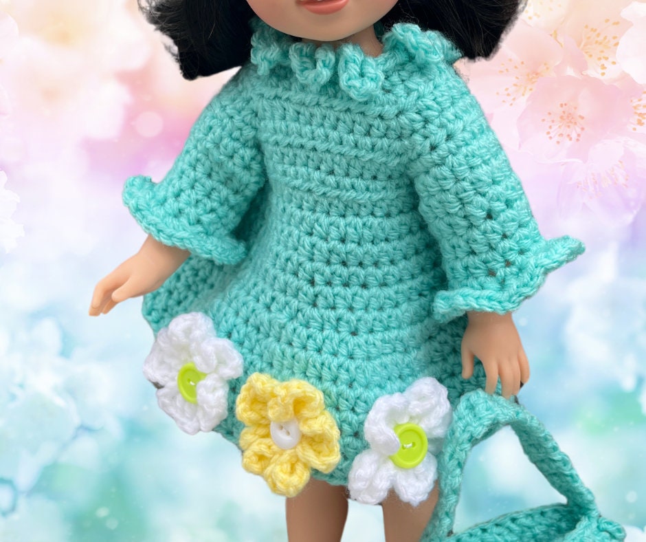 18" Easter Crochet Boy Girl Outfit, 14.5" doll clothes pattern, crochet doll shoes, shirt, purse, shirt, dress, Drivers cap