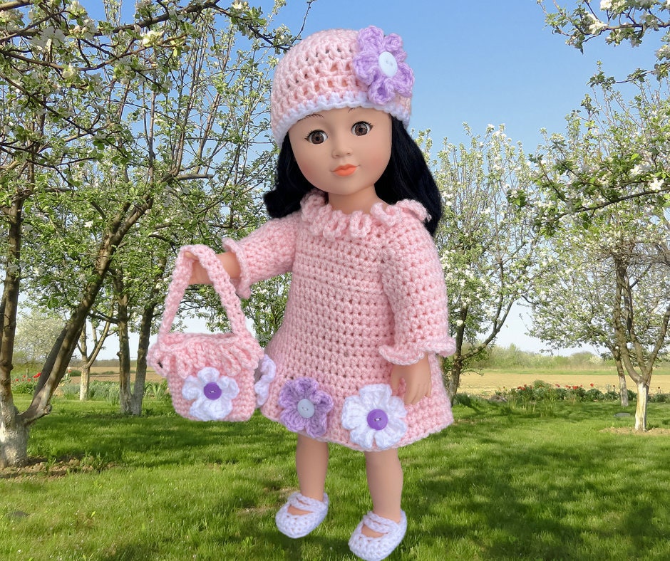 18" Easter Crochet Boy Girl Outfit, 14.5" doll clothes pattern, crochet doll shoes, shirt, purse, shirt, dress, Drivers cap