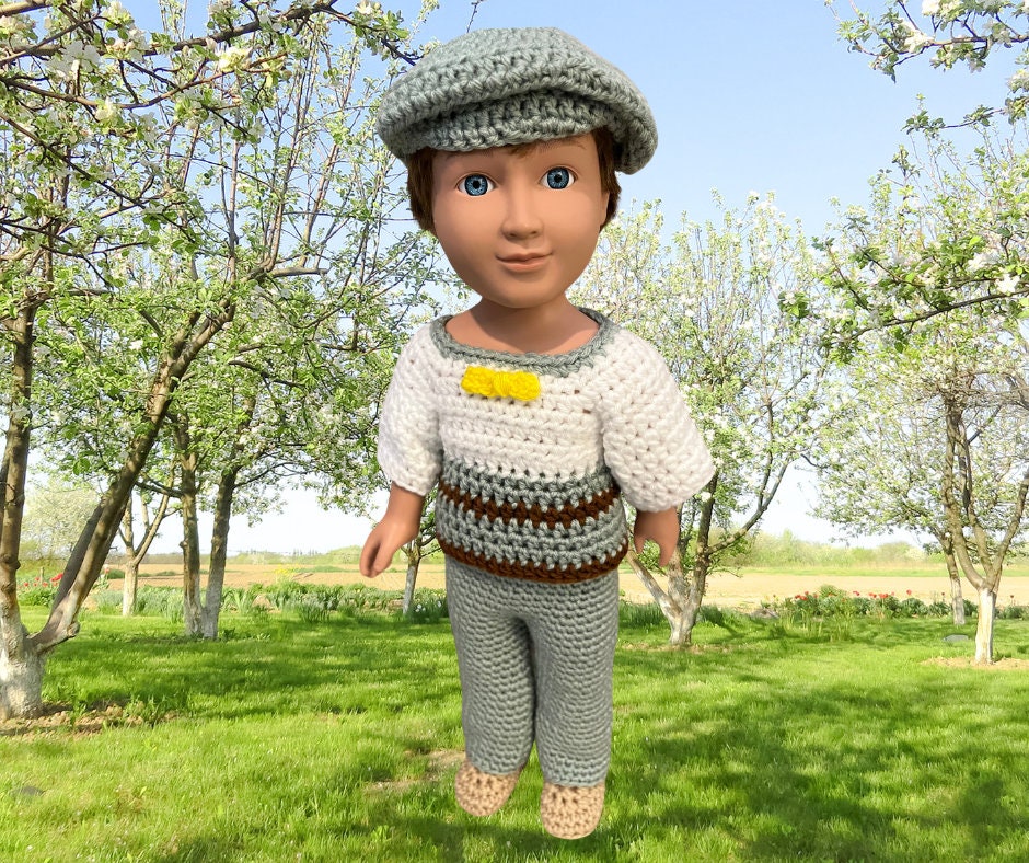 18" Easter Crochet Boy Girl Outfit, 14.5" doll clothes pattern, crochet doll shoes, shirt, purse, shirt, dress, Drivers cap