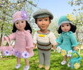 18" Easter Crochet Boy Girl Outfit, 14.5" doll clothes pattern, crochet doll shoes, shirt, purse, shirt, dress, Drivers cap