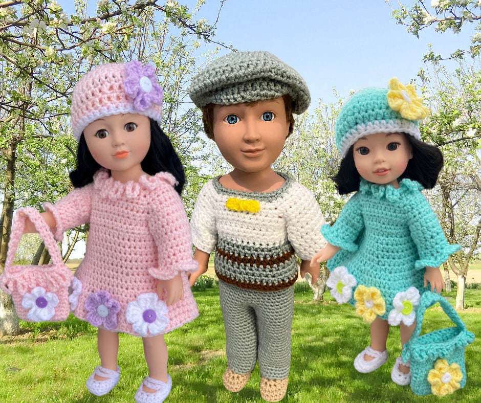 18" Easter Crochet Boy Girl Outfit, 14.5" doll clothes pattern, crochet doll shoes, shirt, purse, shirt, dress, Drivers cap