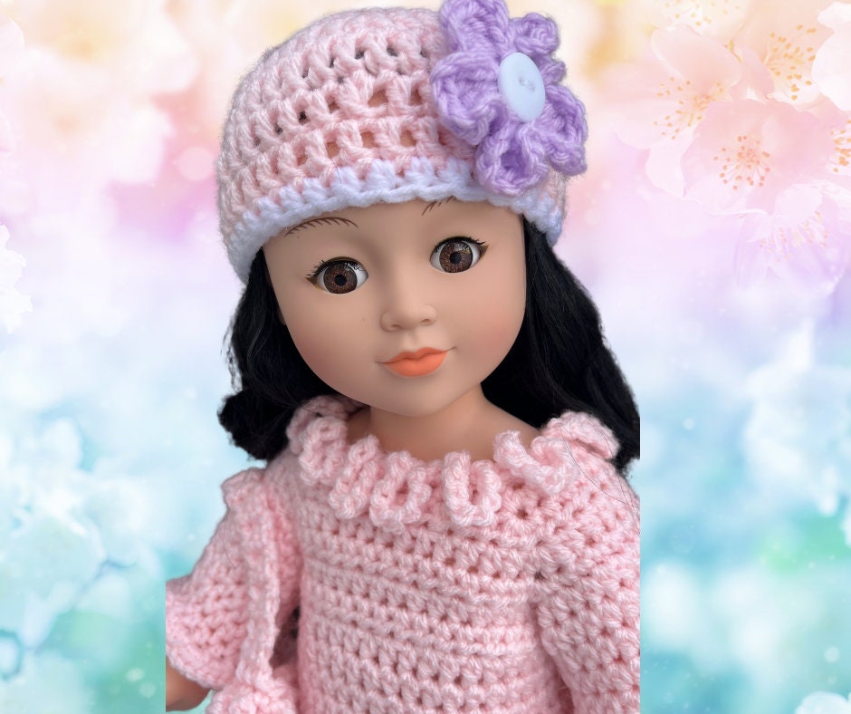 18" Easter Crochet Boy Girl Outfit, 14.5" doll clothes pattern, crochet doll shoes, shirt, purse, shirt, dress, Drivers cap